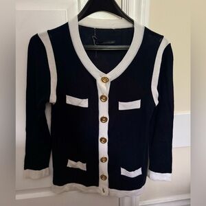 LINE Cashmere Modal Navy Blue and White Cardigan with Gold Buttons (XS)